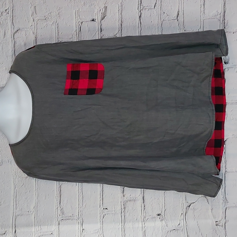 Buffalo Check Plaid Hi Lo Blouse Charlie Paige Long Sleeve Top L XL